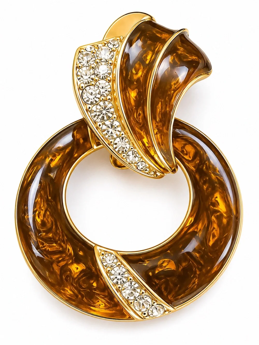 Vintage Tortoise Lucite Rhinestone Clip-On Earrings – Gold Tone Statement Hoops‎